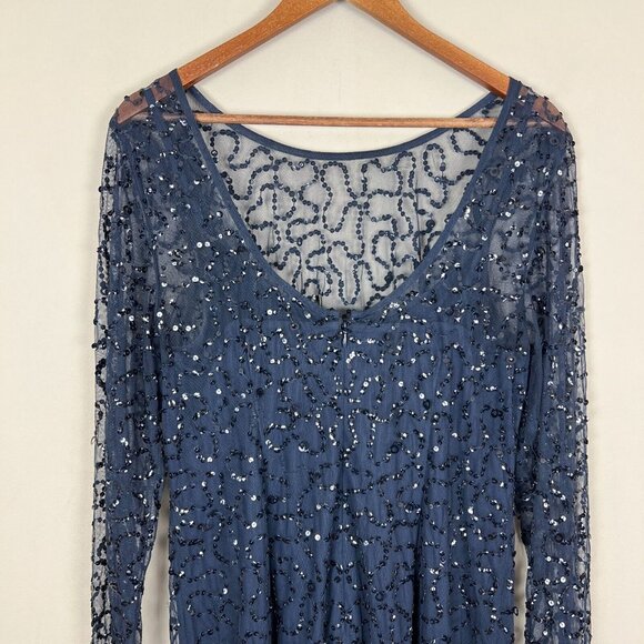 Papell Boutique Dress 16 Navy Blue Sequin Sheath Sheer Long Sleeve‎ Cocktail Zip - Picture 7 of 10